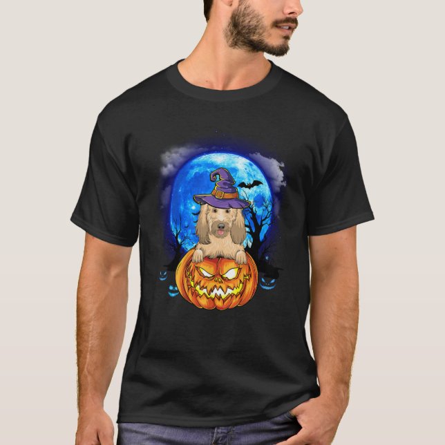 Camiseta Goldendoodle Witch Moon Pumpkin Assustado Hallowee (Frente)