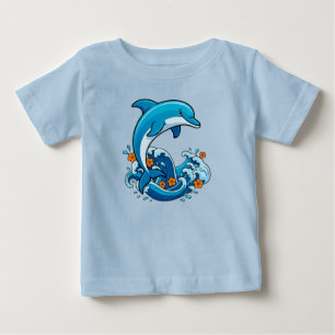 Camiseta Golfinho Azul Saltando Sobre Ondas do Oceano