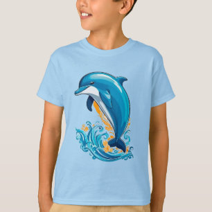 Camiseta Golfinho Azul Saltando Sobre Ondas do Oceano