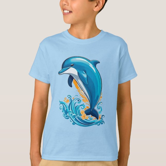 Camiseta Golfinho Azul Saltando Sobre Ondas do Oceano (Frente)