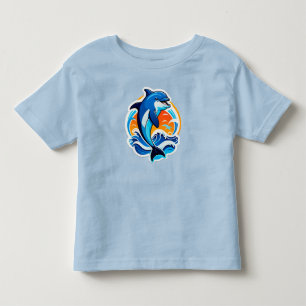 Camiseta Golfinho Azul Saltando Sobre Ondas do Oceano