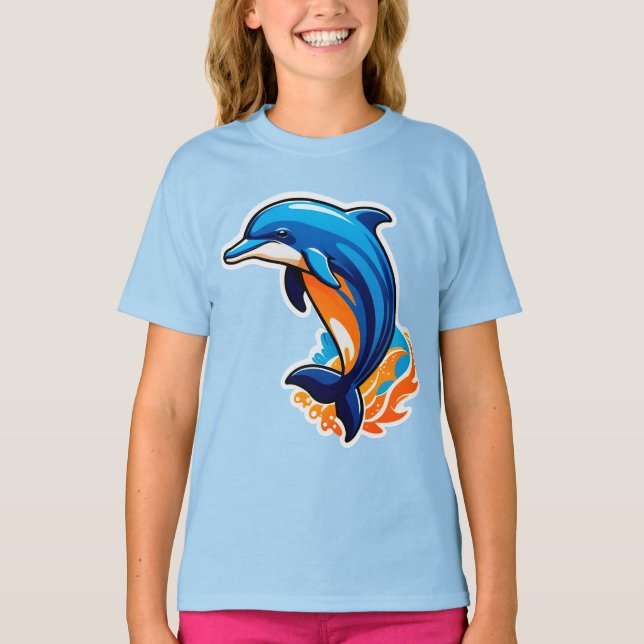 Camiseta Golfinho Azul Saltando Sobre Ondas do Oceano (Frente)