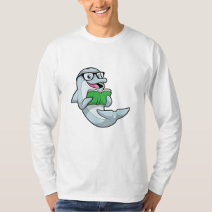 Camiseta Golfinho como Nerd de Óculos e Livro