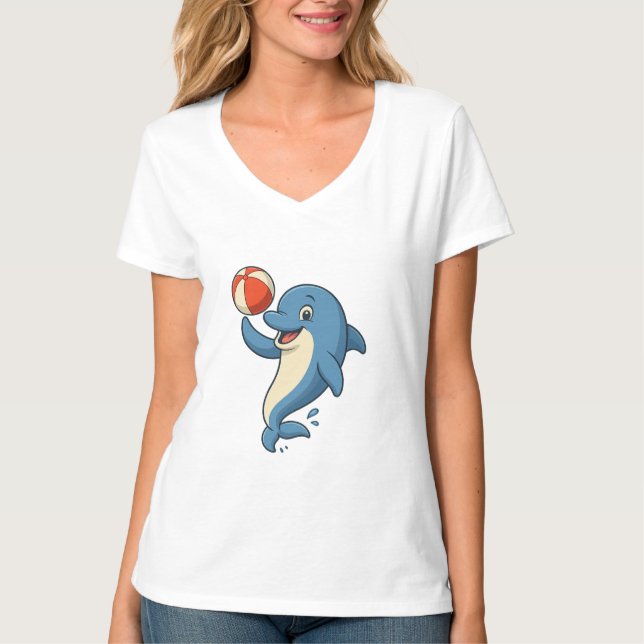 Camiseta Golfinho de Cartoon com Bola de Praia (Frente)