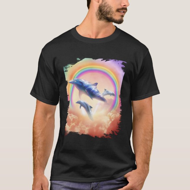 Camiseta Golfinhos Arco-Íris Nadando Em Nuvens (Frente)