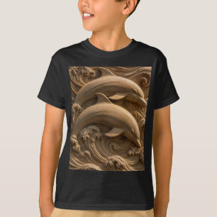 Camiseta Golfinhos de Madeira Talhada Ondas do Oceano Gráfi