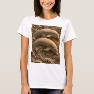 Camiseta Golfinhos de Madeira Talhada Ondas do Oceano Gráfi