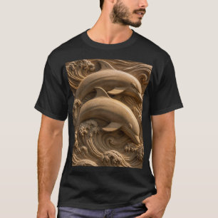 Camiseta Golfinhos de Madeira Talhada Ondas do Oceano Gráfi