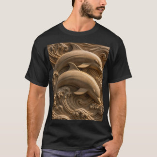 Camiseta Golfinhos de Madeira Talhada Ondas do Oceano Gráfi