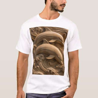 Camiseta Golfinhos de Madeira Talhada Ondas Oceânicas Gráfi