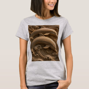 Camiseta Golfinhos de Madeira Talhada Ondas Oceânicas Gráfi