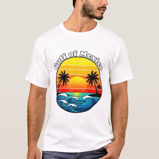 Camiseta Golfo do México - Gráfico Retro Sunset Beach (Frente)