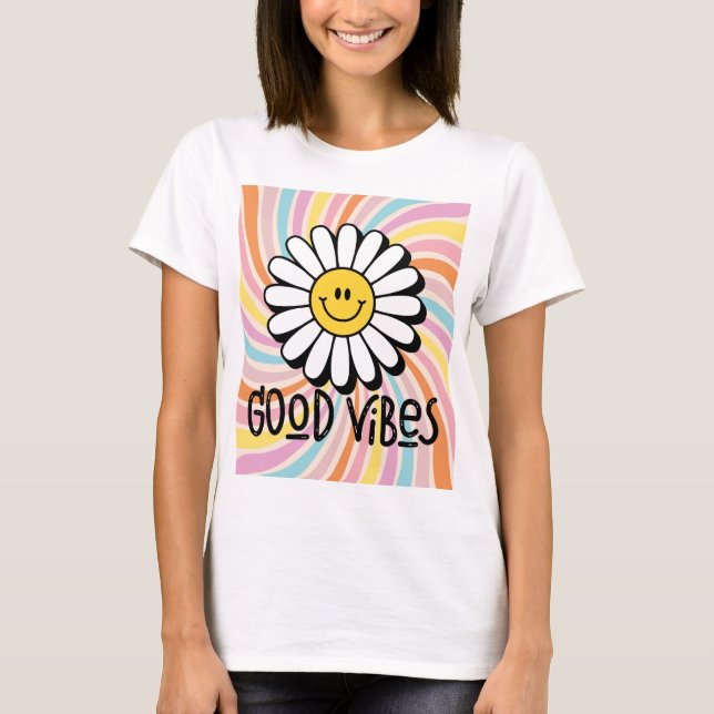 Camiseta Good Vibes com Flor Sorridente Estampa Psicodélico (Frente)