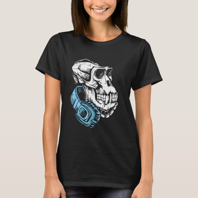 Camiseta Gorilla Skull Headphone Halloween Bones Men Mulher (Frente)
