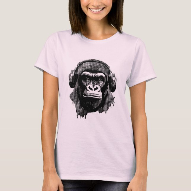 Camiseta Gorillakopf mit Kopfhörern schwarz weiß Pixel (Frente)