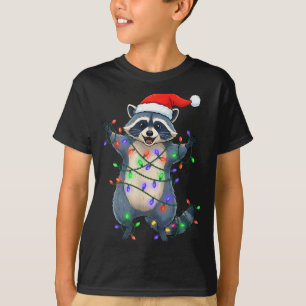 Camiseta Gorro de Papai Noel de Guaxinim Engraçado Luzes de