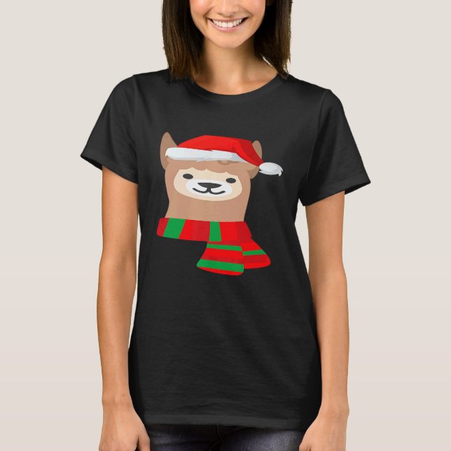 Camiseta Gorro de Papai Noel de Lhama Fofa Premium (Frente)