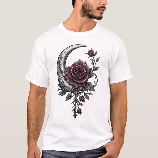 Camiseta Gothic Rose Crescent Moon Dark Floral Artwork (Frente)