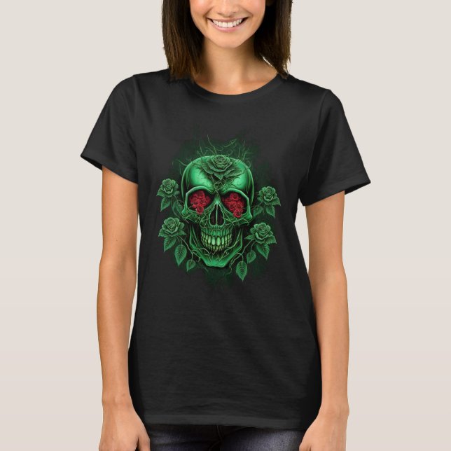 Camiseta Gothic Skeleton Aesthetic Green Skeleton With Rose (Frente)