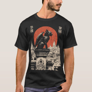 Camiseta Gótica Gargoyle Red Moon Japonês Fantasia Urbana