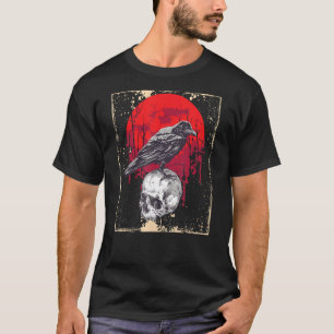 Camiseta Gótica Raven Crânio Vermelho Lua Negra