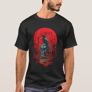 Camiseta Gótica Raven Crânio Vermelho Lua Negra