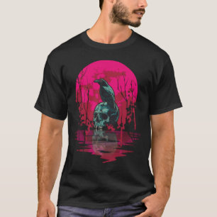 Camiseta Gótica Raven Crânio Vermelho Lua Negra