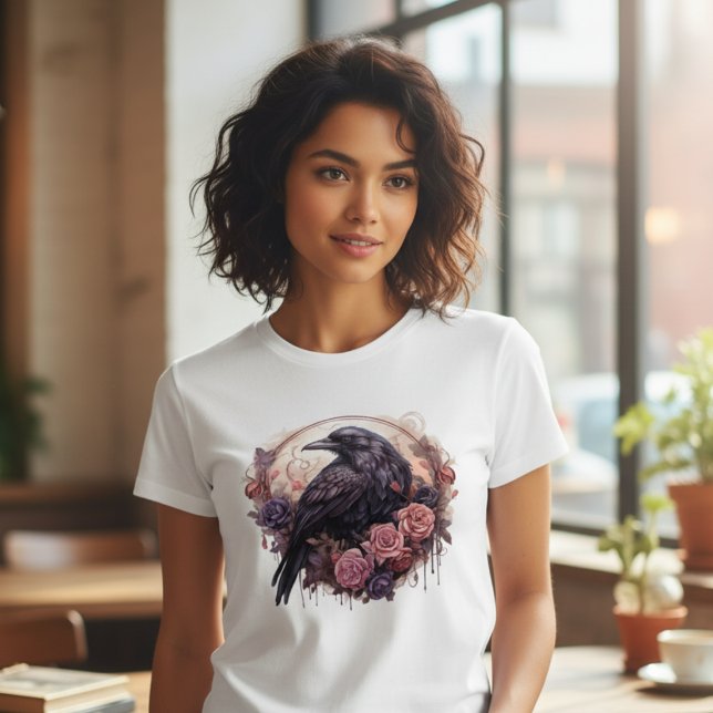 Camiseta Gótico Corvo Dark Academia Gráfico (Black raven with roses tshirt
)