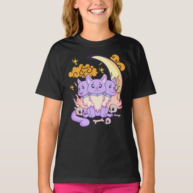 Camiseta Gótico De Gato De Três Cabeças Emo Mágico (Frente)