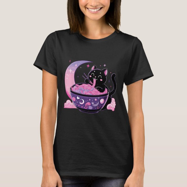 Camiseta Gótico de Pastel Aestético Kawaii Cat Comendo Rame (Frente)