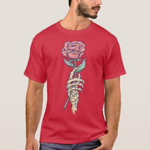 Camiseta Gótico de Pastel Mão do Esqueleto Segurando Uma Ro