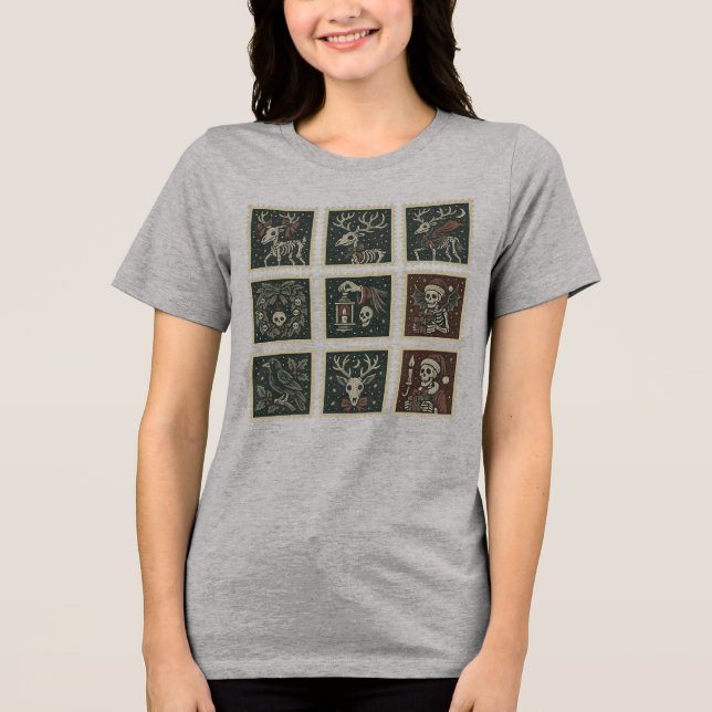 Camiseta Gótico Esqueleto Rena e Carimbo de Grinalda em Gra (Frente)