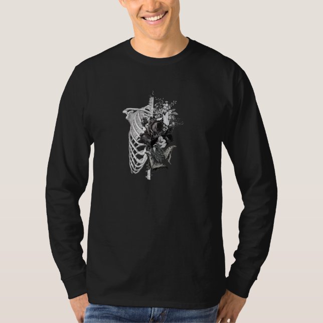 Camiseta Gótico Flor E Ossos Rosas De Fecho (Frente)