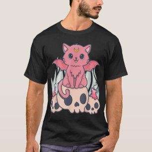 Camiseta Gótico Kawaii Pastel Gato e Crânio de Demônio Cére