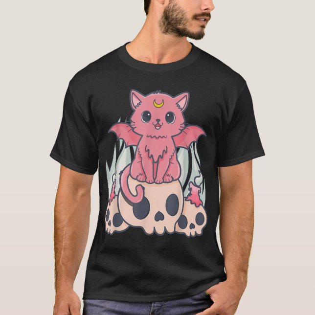 Camiseta Gótico Kawaii Pastel Gato e Crânio de Demônio Cére (Frente)