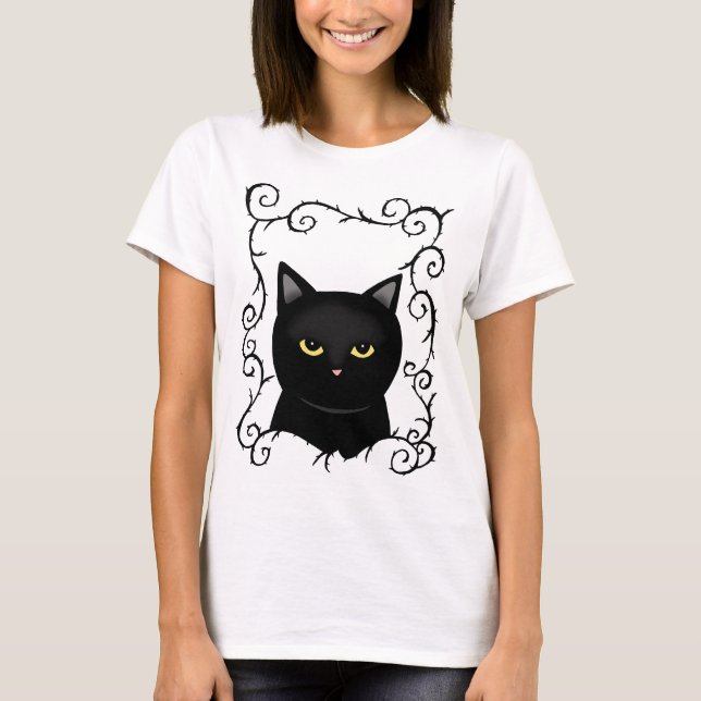 Camiseta Gótico preto de gato preto amante do Halloween  (Frente)