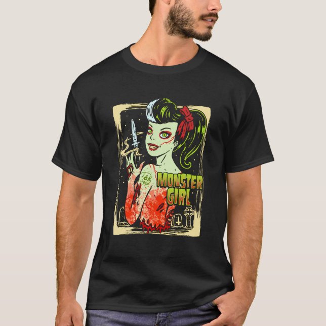 Camiseta Gótico Rapariga Monstro Pinup Zombie Rockabilly (Frente)