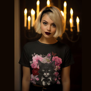 Camiseta Gótico Rock Cat Rosas Escuro Moody, mas bonito