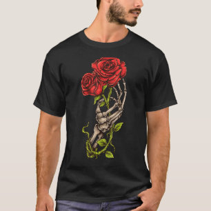 Camiseta Gótico Skeleton Rosa vermelha Flor Amor E Morte