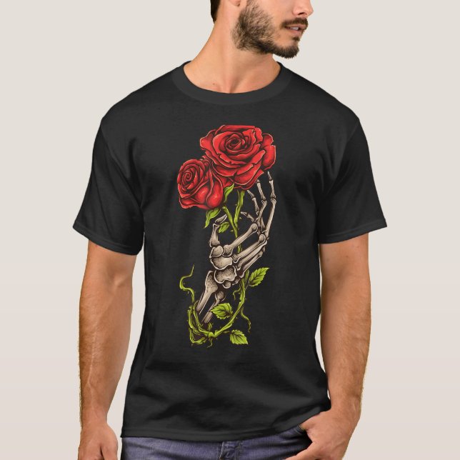 Camiseta Gótico Skeleton Rosa vermelha Flor Amor E Morte (Frente)