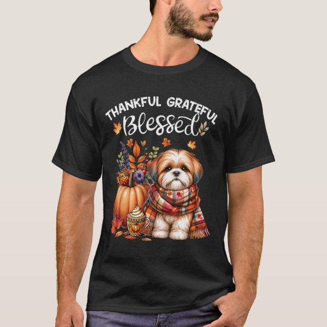 Camiseta Graças Grata Bênção Shih Tzu Cachorro Queda Y (Frente)