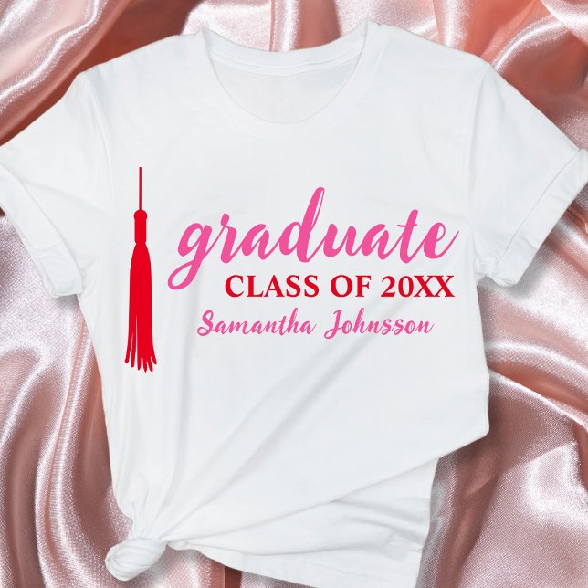 Camiseta Graduação do Nome do Formando Rosa e Vermelho 2024 (Pink & Red Graduate Name 2024 Graduation T-Shirt)