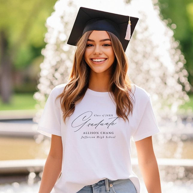Camiseta Graduação Personalizada de Script Preto Elegante (Criador carregado)