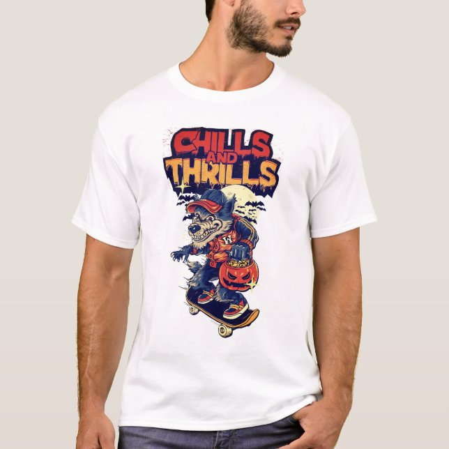 Camiseta Gráfica Assustadora de Halloween Chills & (Frente)