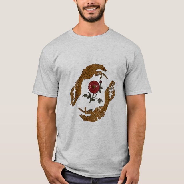 Camiseta Gráfica com Mãos Antigas Segurando Rosa (Frente)