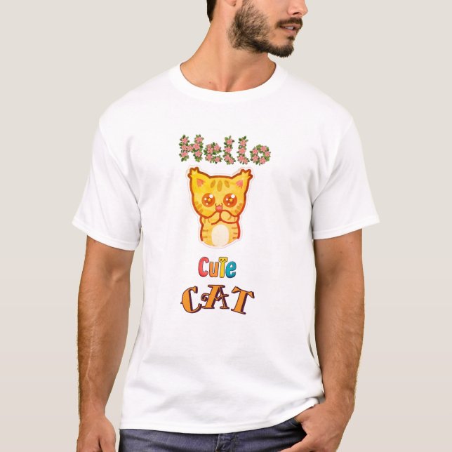 Camiseta Gráfica com Rosto de Gato Kawaii Fofo  (Frente)