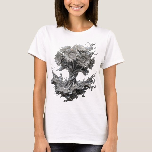Camiseta Gráfica de Arte Abstrata Prateada e Elega (Frente)