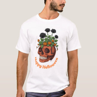 Camiseta Gráfica de Crânio e Floral 'Feliz Hallowe