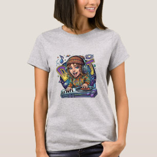 Camiseta Gráfica de Garota DJ Espaço Retro