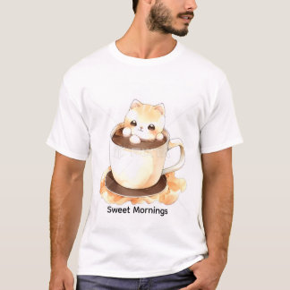 Camiseta Gráfica de Gatinho Adorável em Xícara com